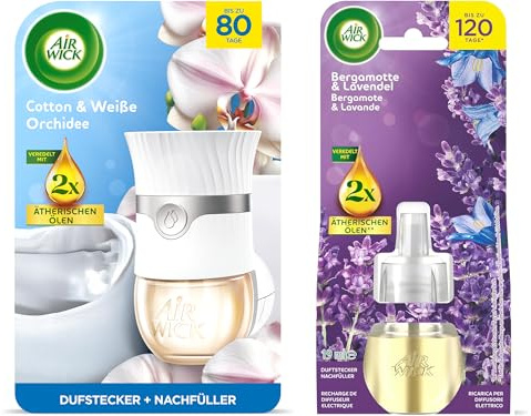 Air Wick Duftstecker Starter-Set Paket inklusive 1 Geräte & 1 x 13ml Cotton & Weiße Orchidee Nachfüller & 1 x Bergamotte & Lavendel 19ml Nachfüller