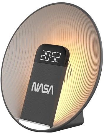 NASA SPC600 Réveil Bluetooth 5.3 avec Enceinte 5W RMS, Charge sans Fil Qi 15W, Double Alarme, LED Réveil 3000K, USB-C/USB-A, Design Gris