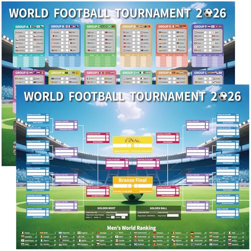 YOFANUP Lot de 2 posters de coupe du monde de football 2026 - Décoration de fête de football - Format A2 - 60 x 42 cm - Fixations de la coupe du monde - Excellent cadeau pour les fans de football