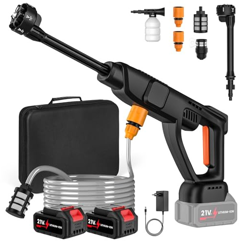 Nettoyeur Haute Pression sur Batterie, Nettoyeur Haute Pression sans Fil 70 Bars avec 2 x 3,0Ah Batteries, Buse 6 en 1, Moteur sans Balais, pour Nettoyer Les Voitures, Sols (2)
