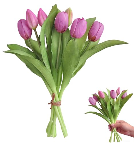 7 Stück Künstliche Tulpen, Tulpen Künstlich Wie Echt Emulsion (Hellviolett) | Künstliche Blumen 32 cm Künstliches Tulpenbündel Frühlingsdeko für Muttertag Geburtstag Hochzeit Valentinstag