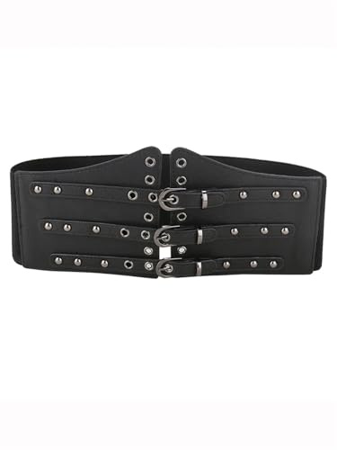 Dam ihålig elastisk midja dekorativa brett bälte tunna bälten för kvinnor brosch spänne korsett cummerbund på skjorta kappa kostym, svart, L 86cm
