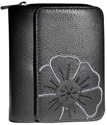 Branco Leder - sehr feine Leder Damen Geldbörse, Portemonnaie, Ladys Wallet mit aufgesticktem Blumen Motiv verfügbar - präsentiert von ZMOKA® (Schwarz)
