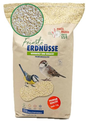 Paul´s Mühle - 5 kg Erdnüsse gehackt für Vögel & Wildvögel (geviertelt) | Erdnusskerne & Erdnussbruch schalenfrei - Vogelfutter & Wildvogelfutter ganzjährig, blanchiert Garten, Futterstelle & Balkon