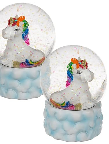 Schöne Regenbogen-Einhorn-Schneekugel auf hübschem Wolkensockel