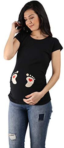 M.M.C. Impronta Bambino - Simpatica graziosa T-Shirt Premaman Manica Corta per la Gravidanza (Nero, Medium)