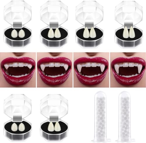 TUPARKA 6 Paar Vampirzähne Vampirzähne mit Kleber Cosplay Requisiten Fangs Cosplay Kostüm Prop für Horror Party Dekoration Halloween Party Favors