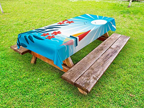 ABAKUHAUS Nautique Nappe Extérieure, Lauriers Roses et Bateau à Voile, Nappe de Table de Pique-Nique Lavable et Décorative, 145 cm x 210 cm, Bleu Orange Blanc