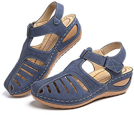 Hitmars Sandalias Mujer Verano Cuña Cómodos Casual Retro Wedge Zapatos de Playa Zapatillas de Vestir Talón 5cm A1-Azul 38 EU