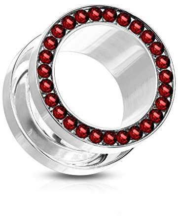 beyoutifulthings Ohr-Tunnel Zirkonia-Rand Silber Rot Ohr-Piercing Edelstahl Ohr-Schmuck Screw Fit Flesh Plug Schraub-Verschluss 6mm
