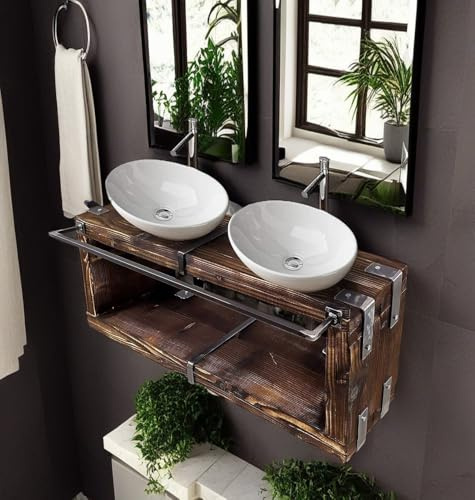 CHYRKA® Badmöbel Waschtisch BORYSLAW-Bad Waschbecken Hängeschrank Waschtischunterschrank Waschbecken-Unterschrank Metall Holz Loft Handmade (Natur, 120 x 28 cm H=40 cm)
