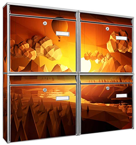 banjado Briefkastenanlage 4 Fach - Postkästen groß - verzinkter Stahl Silber DIN A4 Motiv Sunset - Briefkasten Set 4 Briefkästen Namensschild, 2 Schlüssel, Montagematerial
