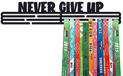United Medals NEVER GIVE UP Medaillenhalter Running Laufen Sport für 60 Medaillen Aufbewahrung - Läufer, Sportler Geschenk Marathon Zubehör - Medal Holder Hanger Display Rack - Schwarz