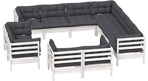 vidaXL Kiefernholz Massiv Gartenmöbel 11-TLG. mit Kissen Weiß Ecksofa Mittelsofa Sitzgruppe Sofa Lounge Garten Garnitur Gartensofa Gartenset