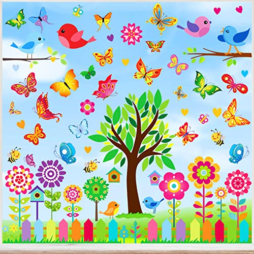 HOOWA Fensterbilder Selbstklebend Fensterbilder Frühling Sommer Schmetterlinge Deko, 9 Blätter Fensterbild Kinderzimmer Fensterdeko Frühling für Kinderzimmer Party Zubehör