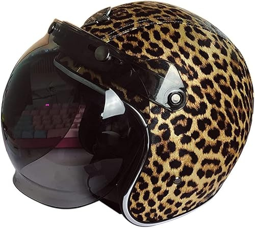 Ever TA Casque Vintage Open Face 3/4 Léopard Moto Demi Casque avec Visière Lentille Homologué Dot Hommes Femmes Rétro Lumière Scooter Jet Casque pour Cruiser Cruiser ATV (Color : L, Size : S=55-56cm)