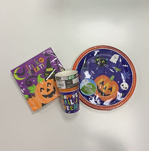 Lote de Cubiertos Infantiles Decorativos Mundo Fantasma (16 Vasos, 16 Platos y 20 Servilletas) .Vajillas y Complementos para Fiestas de Halloween, Cumpleaños, Bodas, Bautizos y Comuniones. AB