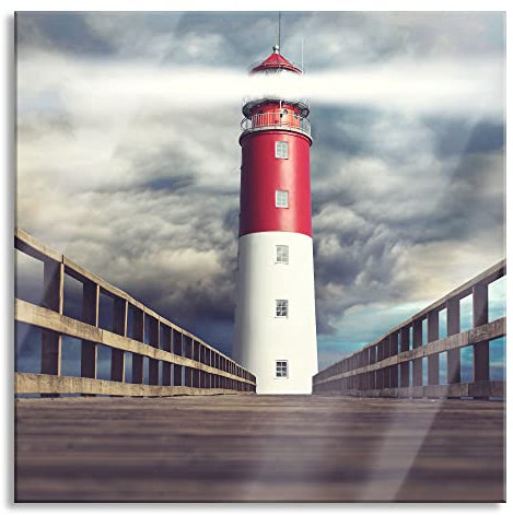 Pixxprint Glasbild, Wandbild auf Echtglas, Leuchtturm am Ende eines Stegs, 80x80 cm, inkl. Aufhängung und Abstandshalter