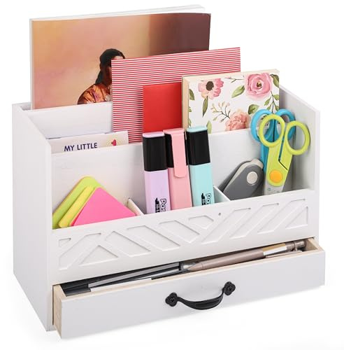 BELLE VOUS Schreibtisch Organizer aus weißem Holz - Mit Aufbewahrungsschublade - Büro Organizer für Post, Büromaterial, Stifte und mehr - Stifte Organizer - Briefablage