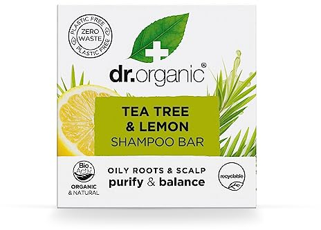 Saponetta Shampoo Dr Organic al Tea Tree e Limone, Purificante, Radici e Cuoio Capelluto Grassi, NUOVO, Senza Plastica, Naturale, Vegano, Cruelty-Free, Senza Parabeni e SLS, Biologico, 75g