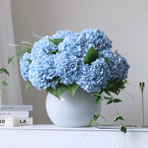 grtefhu 4pcs 21 Faux Blue Hydrangeas Artificial Flowers, Real Touch Silk Hydrangea Flowers with Stems for Bridal Wedding Bouquet Party Home Decor