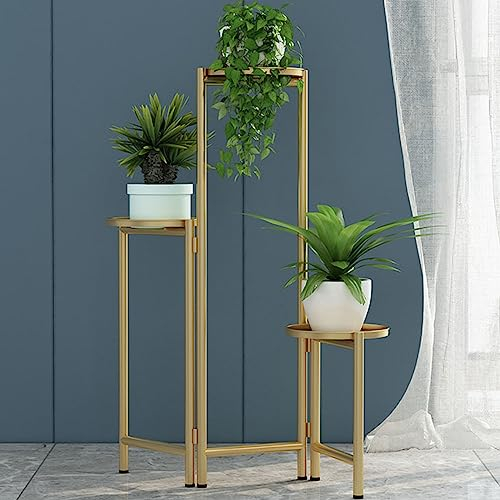 Metall-Pflanzenständer, 3-stufig, faltbar, Blumentopfhalter, Leiterregal für drinnen und draußen, Garten, Terrasse, Wohnzimmer, Balkon, Ecke, Einheitsgröße, Gold