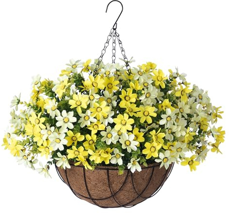 INXUGAO Artificial Flowers with Hanging Planter for Outdoor Decor, Faux Silk Daisy UV Resistant Plants in Basket for Indoor Porch Garden Yard Spring Summer Decor(Yellow)