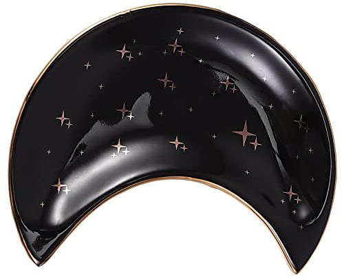 MUCKLILY Plateau De Présentation Lune En Céramique Noir Orné De Motifs Étoiles, Support De Rangement Pour Bijoux Multifonction, Décoration Maison Élégante