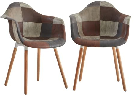 GrandCA HOME 2er-Set Esszimmerstühle, nordische Küchenstühle, gepolsterte Stühle mit Armlehne aus Patchwork-Stoff, Moderne Sessel mit Beinen aus Buchenholz, Braun+Grau