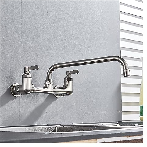 An der Wand montierter Küchenarmatur mit langem Auslauf, Doppelgriff, Messing, antiker Warm- und Kaltwasserhahn, 360-Grad-Schwenker, Küchenmischbatterie mit langem Auslauf ( Color : Brushed nickle )