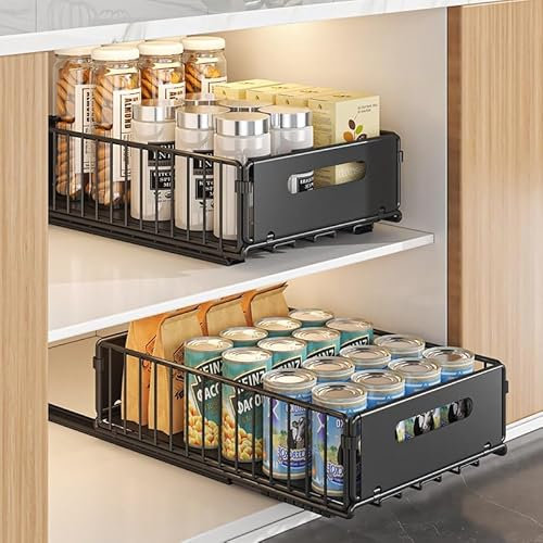 Hykiee 2 Stück Ausziehbare Schublade Küche, Teleskopschublade Inside Out Schrank Organizer Küche, Pull Out Metall Schubladen Küchenschrank Cabinet Organizer Ohne Bohren Schwarz (25 B x 38 T x 10 H CM)