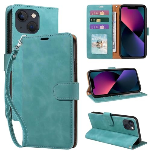 GOTOURED Étui de protection à rabat en cuir souple pour iPhone 13 Mini avec blocage RFID, 3 emplacements pour cartes, dragonne, béquille, fermeture magnétique, résistant aux chocs (vert)