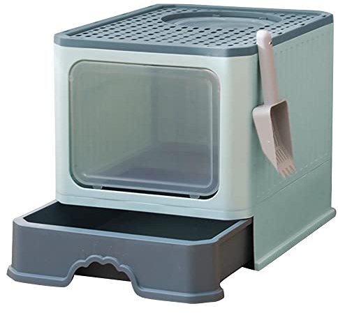 HUOLE Arenero Grande de Plástico Resistente con Cubierta de Tapa Abatible,Bandeja de Arena Higiénica para Mascotas, Entrada Principal y Salida Superior -50 * 35 * 38CM-Verde Oscuro
