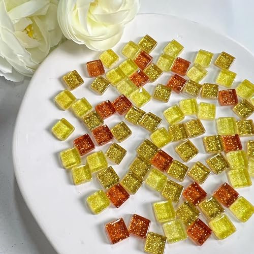 WJLYDM Mosaiksteine 50 Stück Mosaikfliesen, Buntglas, Kunsthandwerk, Zubehör for DIY-Projekte, Heimdekoration, 1 x 1 cm, quadratisch FüR Basteln Deko(Golden Glitter)