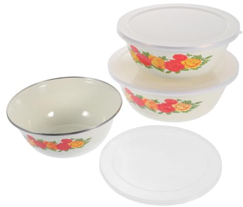 Amosfun Cuencos Esmaltados Con Tapa 3 Piezas Recipiente Seguro Para Alimentos Ensaladas Fideos InstantáNeos Para Mezclar 8.07In 8.07In 3.14In