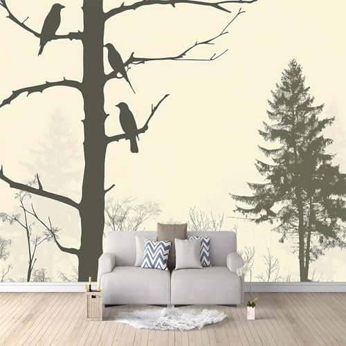 Fotomurale Carta da parati Pini Uccelli Natura 200x140 cm Fotomurali Murale 3D Poster Gigante Moderna, Carta da Parati Decora per Camera Letto, Soggiorno, Stanza dei Bambini
