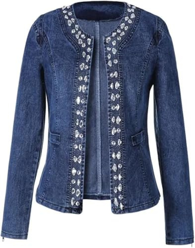 Juankrynord Damen Vintage Taillierte Strass Jeansjacke Jacke Langarm Kristall Pailletten Jeansjacke Pailletten Glitzer Langarm Jeansjacke Jacke