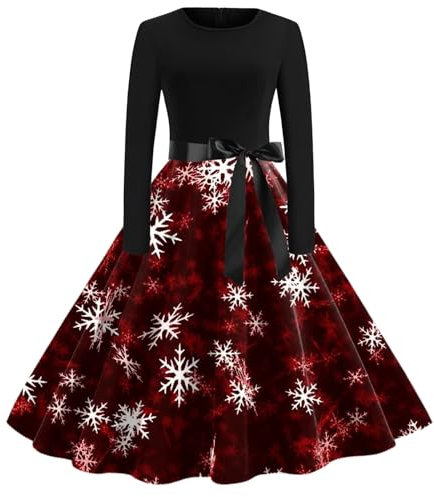 Weihnachtskleid Damen Elegant - Langarm-Weihnachtskleid mit Weihnachtsmotiven - A-Linie Vintage Partykleid Cocktailkleid für Frauen - Rot, M, Medium