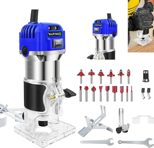 Router Table Palm Router Tool Trim Router Power Trim Router con 15 piezas de fresado, fresadora eléctrica para carpintería, fresadora manual para corte de curvas, ranuras de madera, manualidades