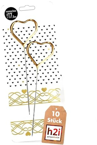 h2i Herz-Gold Wunderkerzen | 10 Stück | 18 cm | +/- 60 sek | Geburtstagskerzen Sprühkerze Spritzkerze Sternenspritzer Funkenzauber für Valentinstag Hochzeit Silvester Geburtstag | b | Kat F1