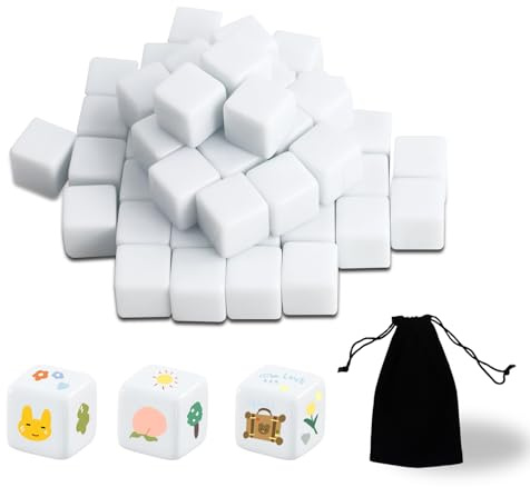 Weiß Würfel Blanko 50pcs, Weiß Würfel 16mm, Blanko Acryl Dice 6-Seitiger | DIY-Aufkleber Dice Blanko für das Malen, mit Einstecktaschen für Brettspiele, Lernen, Basteln, Partyspaß