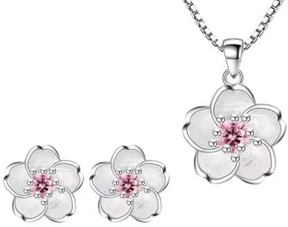 925 Sterling Silver Cherry Blossom Ladies Valentine Jewellery Set - Matching Pink Crystal Flower Necklace and Stud Earrings - 45cm Chain - with Gift Box.