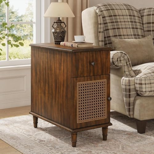 PADMA HOUSE Nachttisch Schmal, Beistelltisch mit 1 Schubladen und 1 Schrank, Telefontisch Schmal, Sofatisch für Schlafzimmer, Wohnzimmer (Nussbaum 1er)