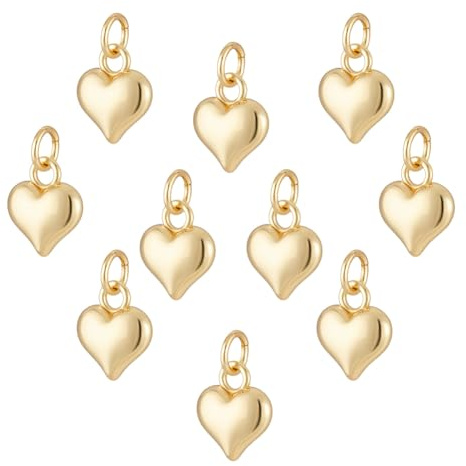 PH PandaHall 10pcs 18K Gold Plated Heart Charms 3D Love Heart Dangle Pendants Gold Plated Charms for Mother's Day Jewellery Making Bracelets Necklace Earrings DIY Accessories