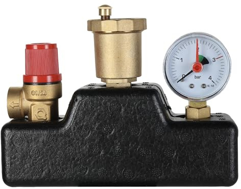 zencQ Kesselsicherheitsgruppe 1 Zoll – Sicherheitsgruppe inkl. Wärmedämmung & Manometer – 3 bar Sicherheitsventil – Für Heizsysteme bis 50 kW – PN10 – 100°C
