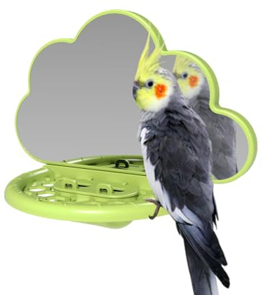 Mirror de pájaros con Percha: Espejo Colgante de cacatúa con Taza de alimentación y Soporte | Accesorio de jaulas de Aves para Loros, periquitos, periquitos, conuros, tortolitos y Otras Aves pequeñas