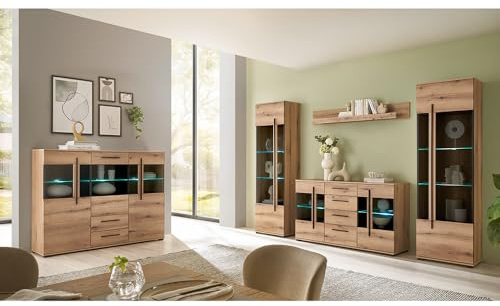 Lomadox Wohnwand Wohnzimmer-Set 5-teilig mit 2 Vitrinen, Sideboard & Highboard in Eiche inkl. LED Beleuchtung