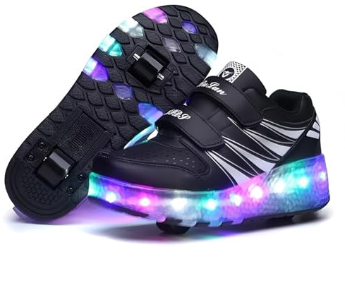 Lengender Zapatos Infantiles con Ruedas LED Luminosos con USB Recargable Doble Rueda para Patinaje al Aire Libre, Negro , 35 EU