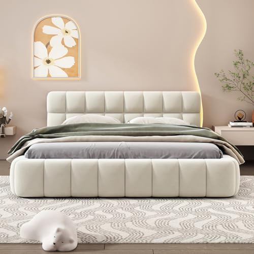 Bubble Bett 160x200, Polsterbett Bubble Betts 160x200cm, Doppelbett mit Lattenrost und weicher Rückenlehne, Jugendbett mit Gepolstertes Kopfteil, Bettgestell bett, Beige (Beige, 160 x 200 cm)