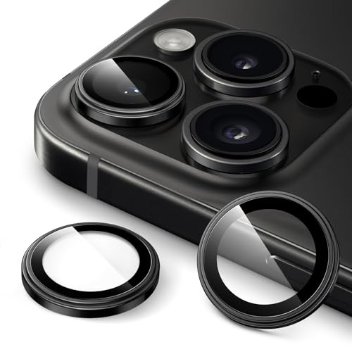 JETech Pellicola Fotocamera per iPhone 16 Pro/16 Pro Max, Titanio Nero | Protettiva Vetro Temperato 9H, Adattamento Invisibile 1:1, Anello Metallico Singolo, HD Trasparente